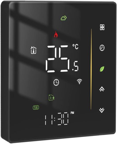 MOES WiFi Okos Termosztát Padlófűtéshez - Fekete Érintőképernyős Fűtésszabályozó Tuya/Smart Life Applikációval, Alexa/Google Hangvezérléssel