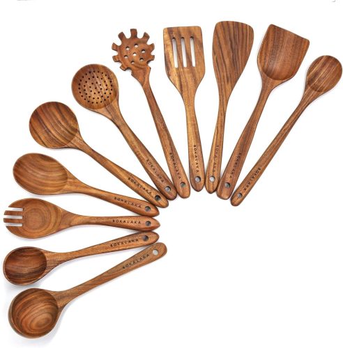 Set de ustensile de bucătărie din lemn BOKALAKA, 11 piese - Spatule și linguri de lemn pentru gătit și copt - Ustensile de bucătărie din lemn natural