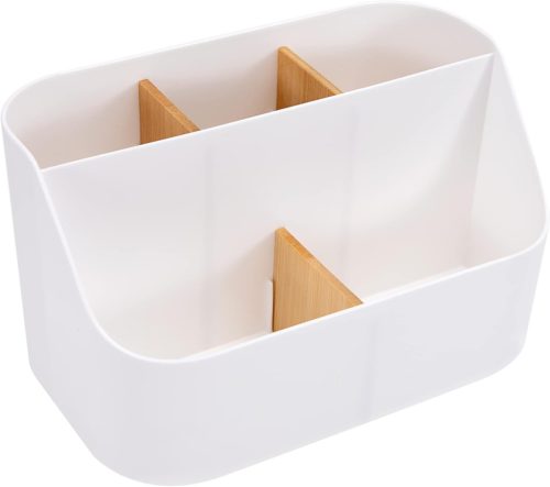 Organizator birou din lemn alb QH-Shop cu 5 compartimente - suport telecomandă și rechizite de birou