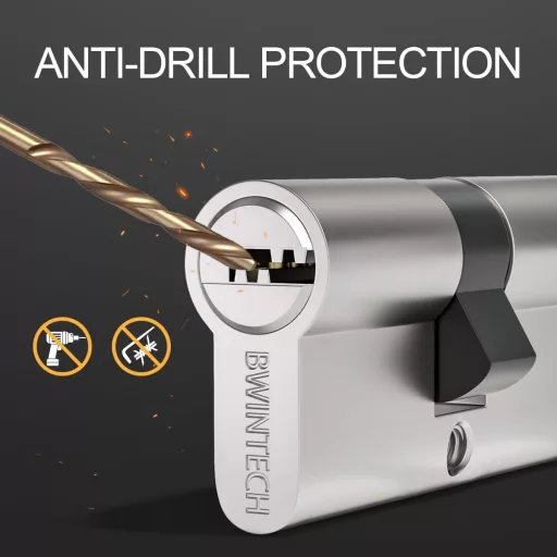 Bwintech 40/50 mm Euro Réz Zárbetét, 5 Sárgaréz Kulccsal - Fúrásbiztos, Törésbiztos, Zárfésülés Elleni Védelemmel, Szatén Nikkel Kivitel