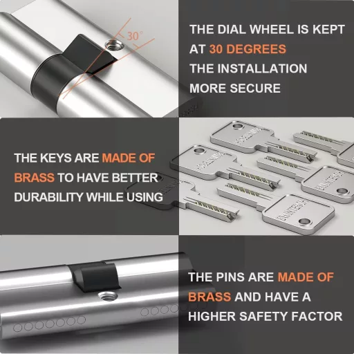 Cilindru Bwintech Euro din alamă de 40/50 mm, cu 5 chei din alamă - Rezistent la găurire, rezistent la rupere, protecție anti-picking, finisaj nichel satinat