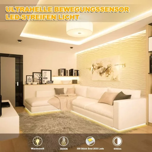 RGH LIGHTING 5m LED pásik so senzorom pohybu, teplá biela 3000K, samolepiaci