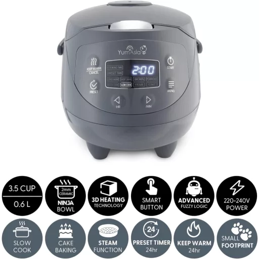 Yum Asia Panda Mini rizsfőző Ninja kerámia edénnyel, 0,63L kapacitás, 8 főzési program, fuzzy logic technológia, 350W, kobalt szürke