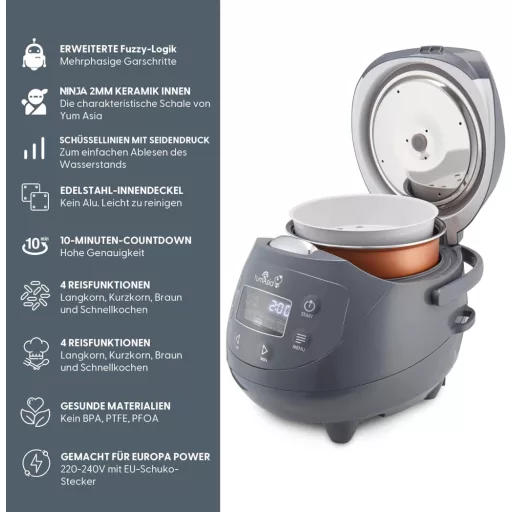 Yum Asia Panda Mini fierbător de orez cu vas ceramic Ninja, capacitate 0,63L, 8 programe de gătit, tehnologie fuzzy logic, 350W, gri cobalt