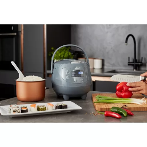 Yum Asia Panda Mini rizsfőző Ninja kerámia edénnyel, 0,63L kapacitás, 8 főzési program, fuzzy logic technológia, 350W, kobalt szürke
