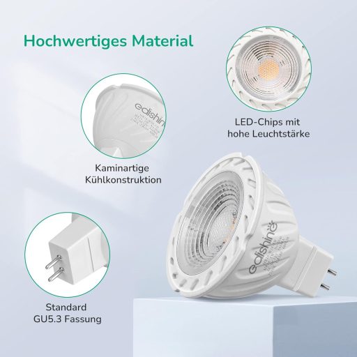 EDISHINE Spot LED GU5.3, 12V MR16, 5W (echivalent 50W), 2700K Alb Cald, 400 Lumeni, Unghi de dispersie 38°, Economie de energie, Pachet de 6 bucăți