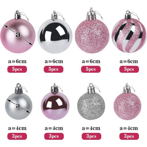 Agoer 60 darabos karácsonyi gömb szett ezüst-rózsaszín csillogó dekoráció