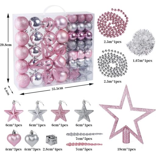 Agoer 60 darabos karácsonyi gömb szett ezüst-rózsaszín csillogó dekoráció