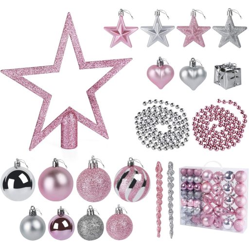 Agoer 60 darabos karácsonyi gömb szett ezüst-rózsaszín csillogó dekoráció