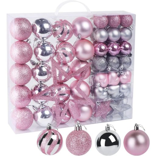 Agoer 60 darabos karácsonyi gömb szett ezüst-rózsaszín csillogó dekoráció