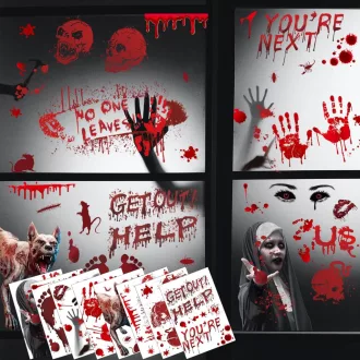   Adisno Halloween Véres Matrica Szett - 8 db Kétoldalas Ablakdekoráció, Véres Kéznyomok, Lábnyomok, Újrahasználható PVC Halloweeni Dekoráció,