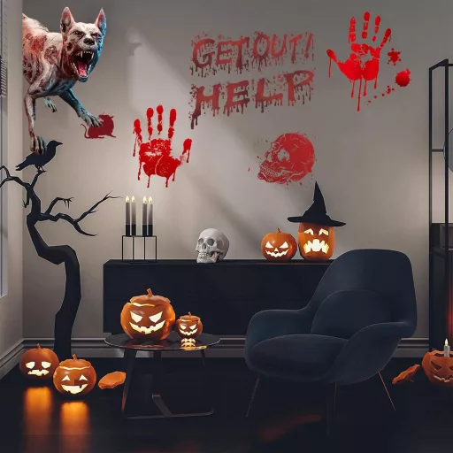 Set autocolante Halloween sângeroase - 8 buc. Decorațiuni de geam față-verso, urme de mâini însângerate, urme de picioare, decorațiuni Halloween PVC reutilizabile.