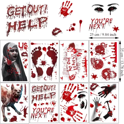 Set autocolante Halloween sângeroase - 8 buc. Decorațiuni de geam față-verso, urme de mâini însângerate, urme de picioare, decorațiuni Halloween PVC reutilizabile.
