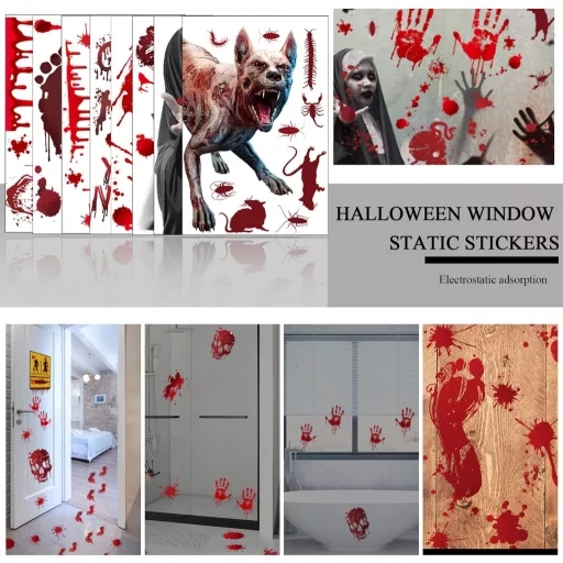 Adisno Halloween Véres Matrica Szett - 8 db Kétoldalas Ablakdekoráció, Véres Kéznyomok, Lábnyomok, Újrahasználható PVC Halloweeni Dekoráció,