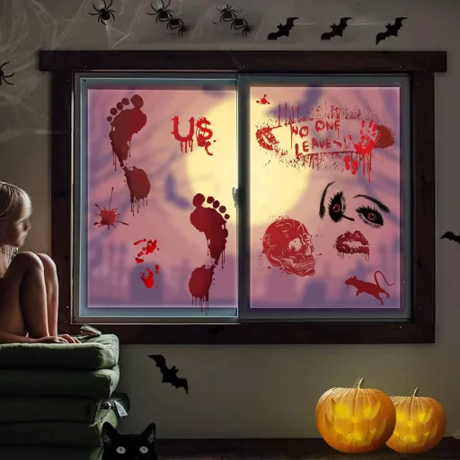 Set autocolante Halloween sângeroase - 8 buc. Decorațiuni de geam față-verso, urme de mâini însângerate, urme de picioare, decorațiuni Halloween PVC reutilizabile.