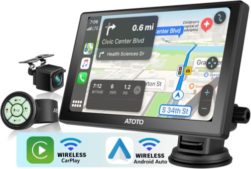 ATOTO P8 Hordozható 7" QLED Autós Navigáció 1080P Tolatókamerával, Vezeték Nélküli CarPlay és Android Auto, Távirányítás, Automata Fényerő, 