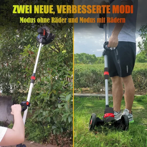 GfsGsjzc Akumulátorová kosačka s kolieskami 24V - Bezuhlíkový motor, šírka záberu 30 cm, kompatibilná s Makita, s 2 batériami, nastaviteľná 110-160 cm