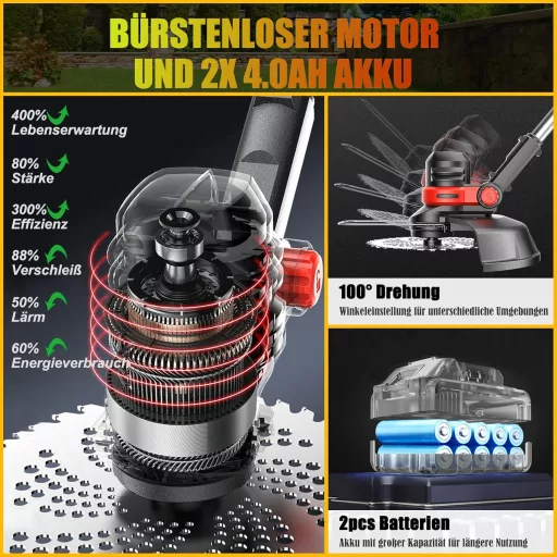 GfsGsjzc Akumulátorová kosačka s kolieskami 24V - Bezuhlíkový motor, šírka záberu 30 cm, kompatibilná s Makita, s 2 batériami, nastaviteľná 110-160 cm