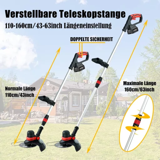 GfsGsjzc Akumulátorová kosačka s kolieskami 24V - Bezuhlíkový motor, šírka záberu 30 cm, kompatibilná s Makita, s 2 batériami, nastaviteľná 110-160 cm