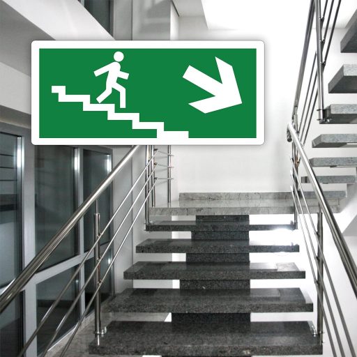 pubblimania Vészkijárat PVC Tábla Kültéri Beltéri 29x13cm Jobboldali Lépcsőhöz