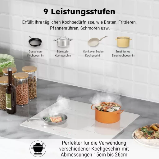 COVERCOOK Fehér Indukciós Főzőlap 60 cm - 4 Zónás Üvegkerámia Lap, Konnektorba Dugható, Érintőgombos Vezérlés, 9 Teljesítményszint, Időzítő,