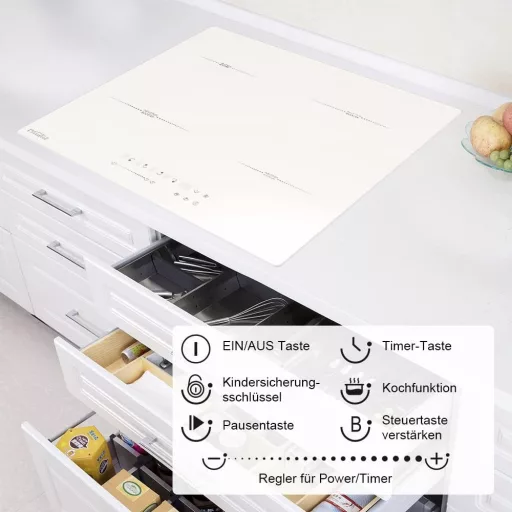 COVERCOOK Fehér Indukciós Főzőlap 60 cm - 4 Zónás Üvegkerámia Lap, Konnektorba Dugható, Érintőgombos Vezérlés, 9 Teljesítményszint, Időzítő,