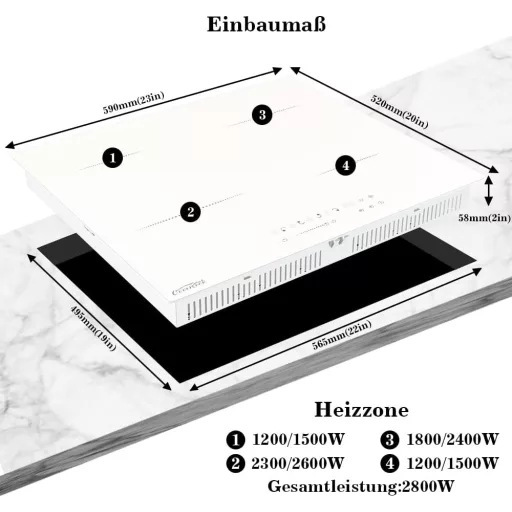 COVERCOOK Fehér Indukciós Főzőlap 60 cm - 4 Zónás Üvegkerámia Lap, Konnektorba Dugható, Érintőgombos Vezérlés, 9 Teljesítményszint, Időzítő,