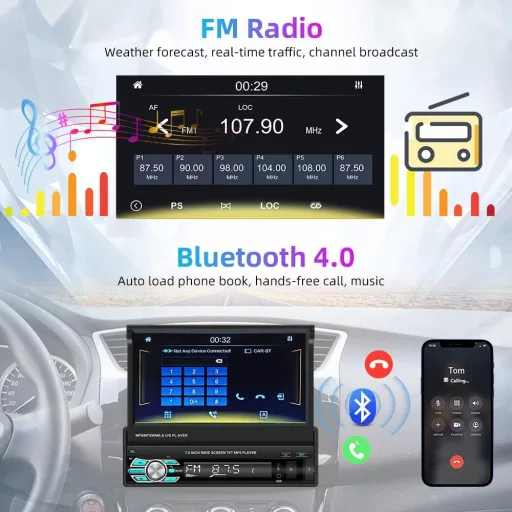 Podofo 1 DIN Autórádió 7" Kihúzható Érintőképernyővel - Apple CarPlay és Android Auto Támogatás, Bluetooth, FM, Tolatókamera