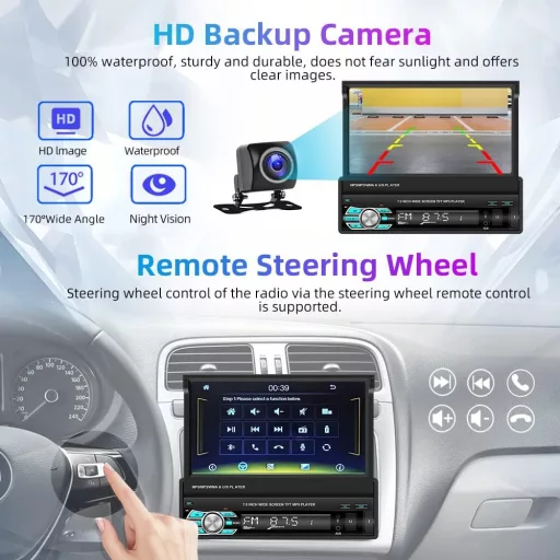 Podofo 1 DIN Radio Auto cu Ecran Tactil Extractibil de 7" - Compatibilitate Apple CarPlay și Android Auto, Bluetooth, FM, Cameră de Marșarier