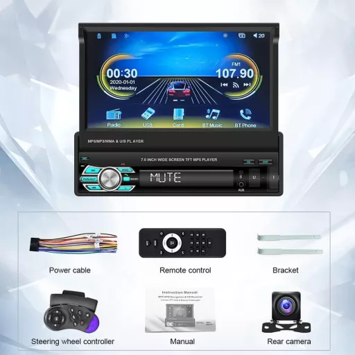 Podofo 1 DIN Radio Auto cu Ecran Tactil Extractibil de 7" - Compatibilitate Apple CarPlay și Android Auto, Bluetooth, FM, Cameră de Marșarier