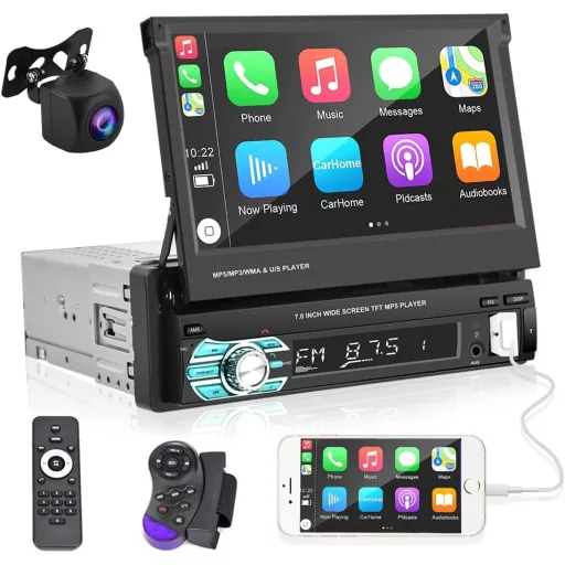 Podofo 1 DIN Radio Auto cu Ecran Tactil Extractibil de 7" - Compatibilitate Apple CarPlay și Android Auto, Bluetooth, FM, Cameră de Marșarier