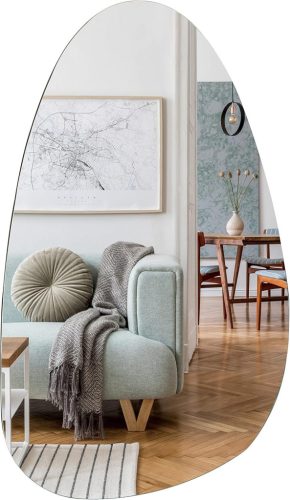Oglindă asimetrică fără ramă în formă de ou Muzilife, 50x85 cm, cu spate MDF, oglindă mare de perete pentru living, baie.