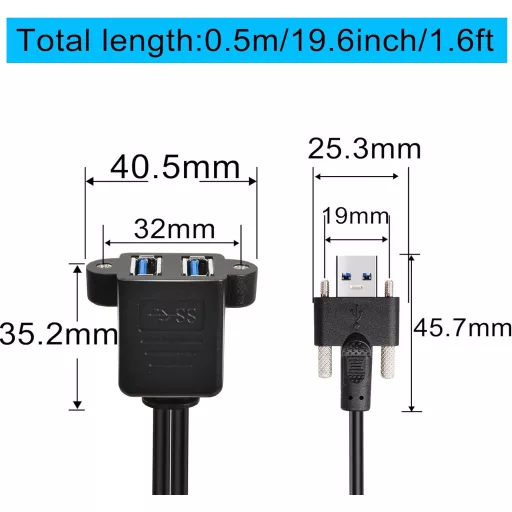 GINTOOYUN 0,5 m Predlžovací kábel s dvoma USB 3.0 portami a skrutkovacím uchytením – na pripojenie k notebooku, PC, čierny
