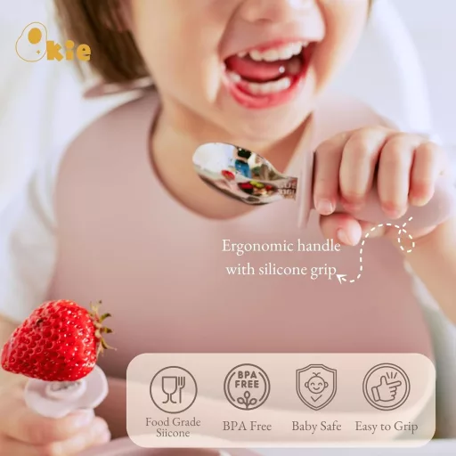 Qkie Gyerekevőeszköz Szett Rozsdamentes Kanál és Villa Szilikon Fogantyúval