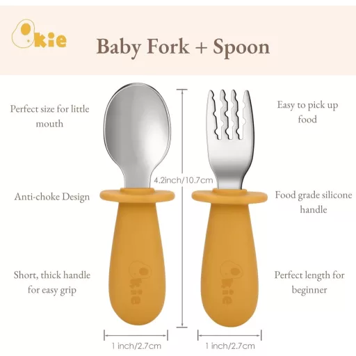Qkie Gyerekevőeszköz Szett Rozsdamentes Kanál és Villa Szilikon Fogantyúval