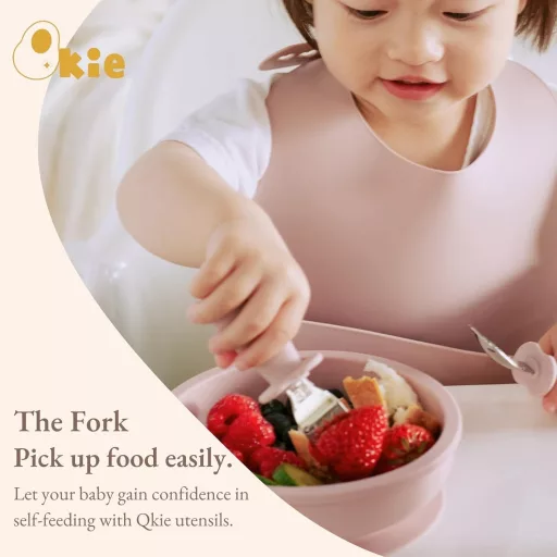 Set tacâmuri Qkie pentru copii, lingură și furculiță din inox cu mâner siliconic.