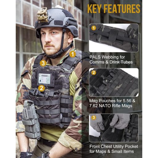 Taktická vesta OneTigris - Ochranné vybavenie pre airsoft a paintball, čierna maskáčová, unisex chránič hrudníka, nastaviteľná veľkosť M-XXL