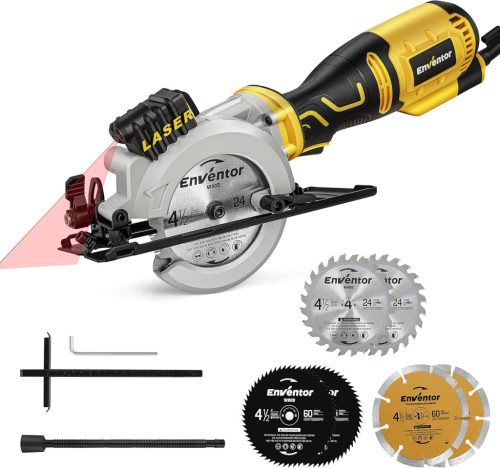 Enventor 705W Mini Körfűrész 6 Fűrészlappal, Vezetősínnel és Lézeres Irányítóval - Fa, Fém, Műanyag Vágásához, 3500 RPM, Egykezes Használat