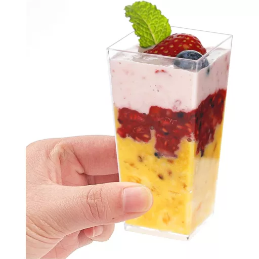 KAHEIGN 60 db mini desszert pohár 85 ml átlátszó műanyag négyzet alakú krémes tálka