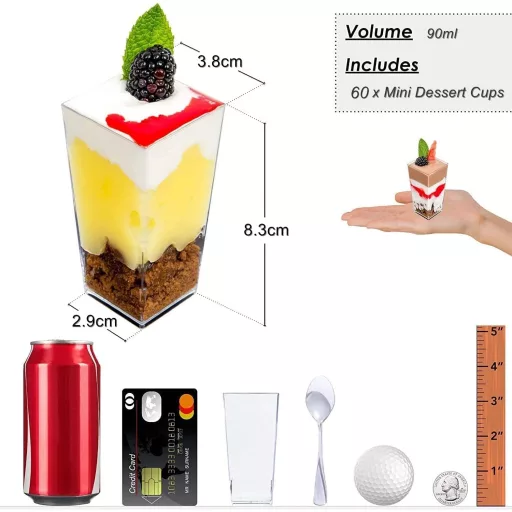 KAHEIGN 60 db mini desszert pohár 85 ml átlátszó műanyag négyzet alakú krémes tálka