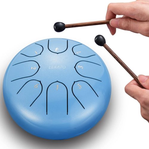 Tobă de oțel cu limbă LEKATO, 15,2 cm, 8 note în Do major - Tobă de rezonanță albastră pentru meditație, yoga, terapie prin sunet, pentru începători, cu bețe și accesorii