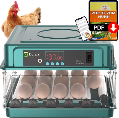 Incubator automat de ouă Dural pentru 16 ouă - Controlul temperaturii, funcție de rotire, certificat CE, cu e-book în germană