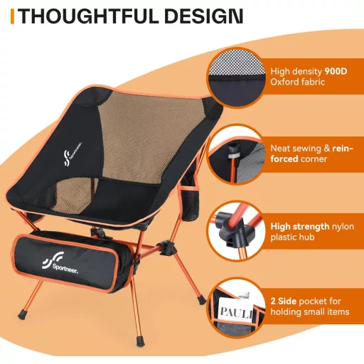 Sportneer Scaun de camping pliabil - Scaun de camping portabil ultralejer din aluminiu, cu o capacitate de încărcare de 150 kg, portocaliu, pentru drumeții, camping