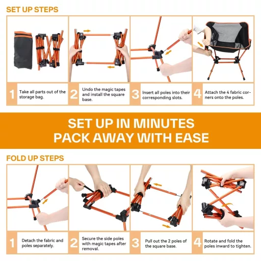 Sportneer Scaun de camping pliabil - Scaun de camping portabil ultralejer din aluminiu, cu o capacitate de încărcare de 150 kg, portocaliu, pentru drumeții, camping