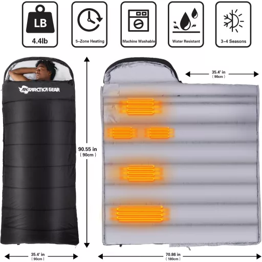 ANTARCTICA GEAR Fűthető Mumia Hálózsák 16000mAh Powerbank Fekete Kemping Utazás