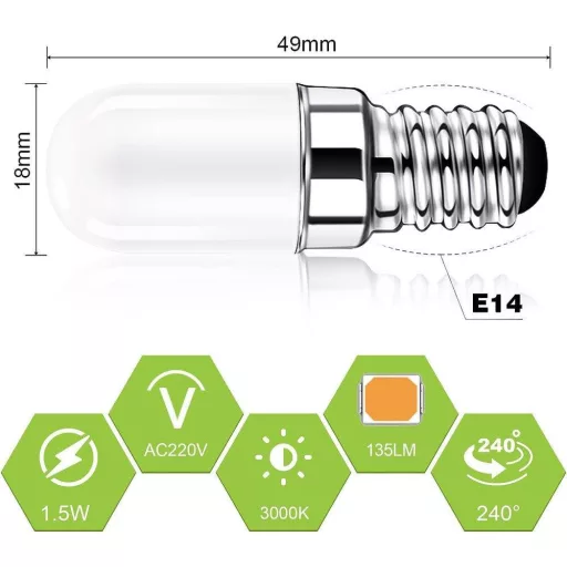 2 darab E14-es LED hűtőszekrény izzók (1,5 W, meleg fehér, 3000 K, 135 lm