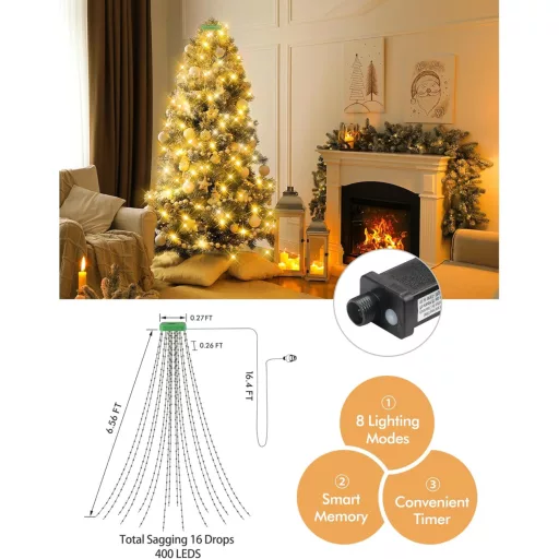 Ghirlandă Luminoasă de Crăciun GYLEFY 400 LED 16 Ramuri 2m Impermeabilă Timer 8 Moduri Alb Cald