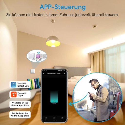 LoraTap WiFi Okosrelé Fogyasztásmérővel - 1150W Intelligens Kapcsolómodul, Távirányítható, Alexa és Google Kompatibilis, Smart Life App