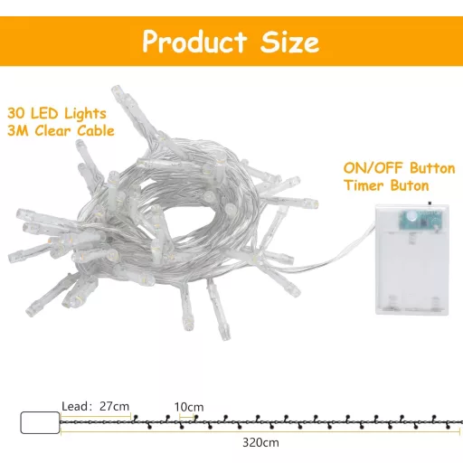 Cshare Ghirlandă Luminoasă LED 3m 30 LED Alb Cald - Cu Temporizator, Baterii, Decor Interior/Exterior pentru Crăciun, Halloween, Petreceri