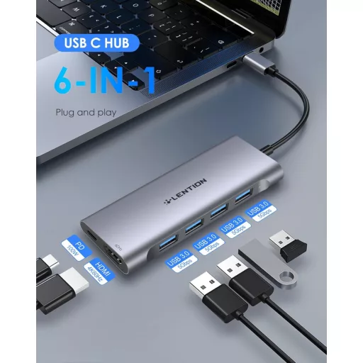 LENTION USB C Hub HDMI 4K60Hz - adaptér 6 v 1 pre MacBook Pro/Air, iPhone 16/15, 100W PD nabíjanie, 4 USB 3.0 porty, hliník